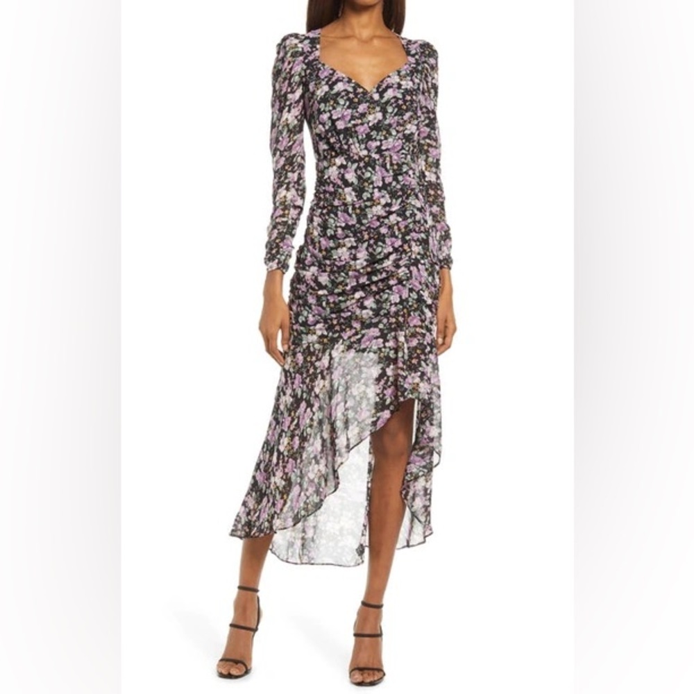 Floret Studios Floral Print Ruched Long Sleeve Dress In Black-purple Floral
